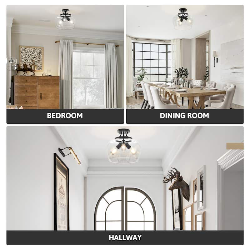 CO-Z 3-Light Matte Black Clear Glass Semi Flush Mount Ceiling Light