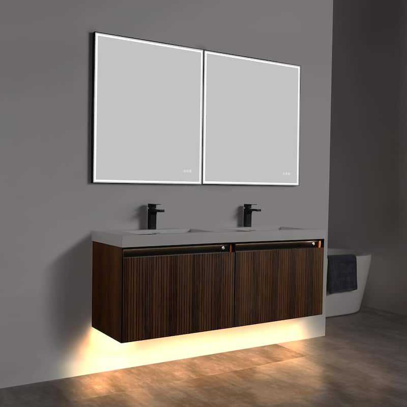 Blossom Lille Brown Walnut Floating Vanity with LED & Acrylic Sink