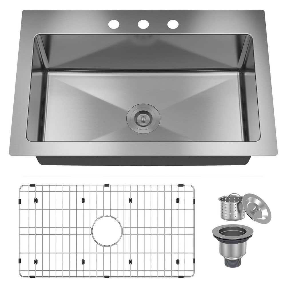33 in. Drop-in Single Bowl 18 Gauge Brushed Stainless Steel Kitchen Sink with Bottom Grid and Basket Strainer, cUPC Certified