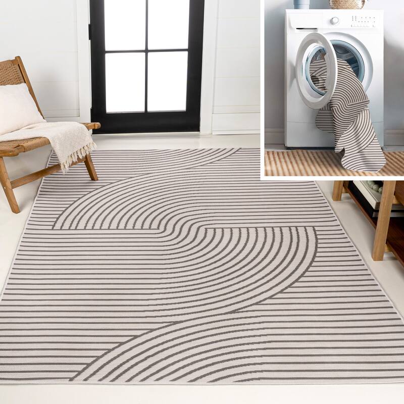 JONATHAN Y Reversible Zana Mid-Century Modern Curve Stripe Machine-Washable Dark Gray/Cream Indoor/Outdoor Area Rug - 3 X 5