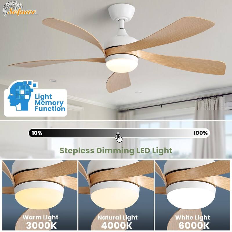 52 Inch Ceiling Fan with Remote & Lights Quiet DC Motor 5 Blade High CFM Modern Fan