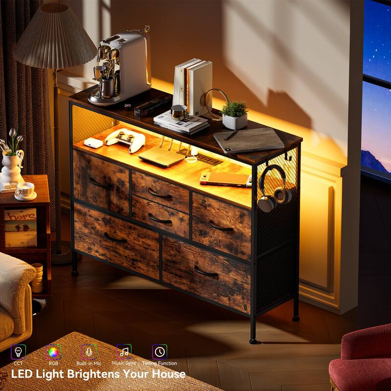 Dresser for Bedroom TV Stand with Power Outlets and LED Light, 6 Dresser with Shelves for 45" TV, PU Finish