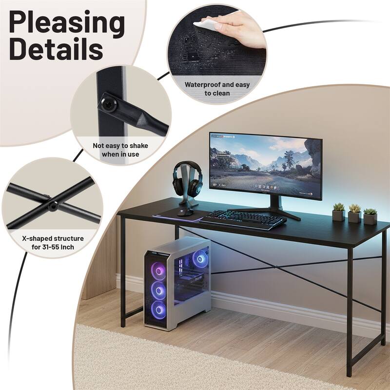 Computer Desk, 40-63 Inch Home Office Desk, Gaming Writing Work from Home Study Desk, Large Legroom, Sturdy Metal Frame