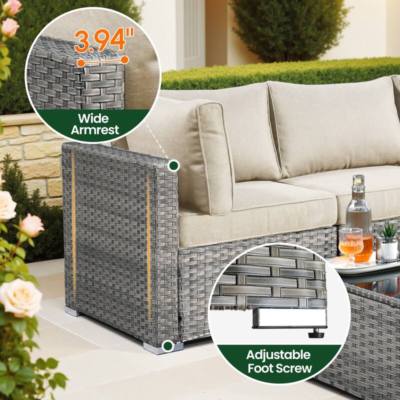 HOOOWOOO 10-piece Wicker Patio Furniture Sectional Sofa Set Swivel Rocker with Fire Pit Table