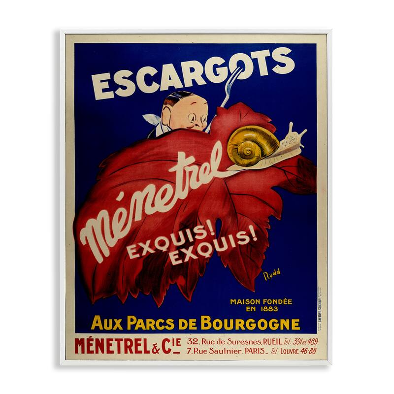 Stupell Vintage Escargots Advertisement Framed Giclee Art Design By Marcus Jules - 11 x 14 - White