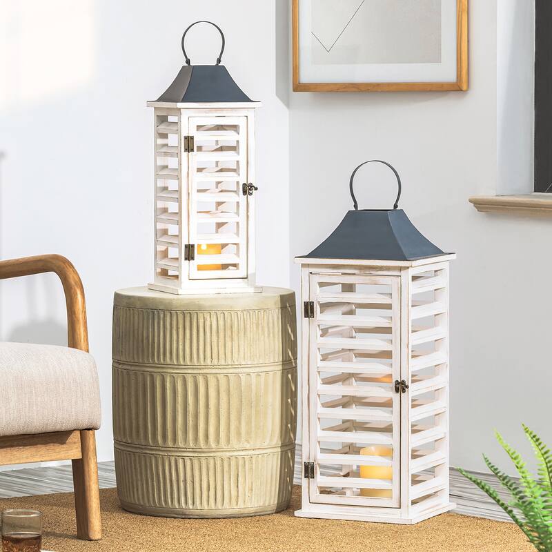 Glitzhome Set of 2 Modern Wooden Shutter Floor Candle Lanterns Fall Wedding Decor