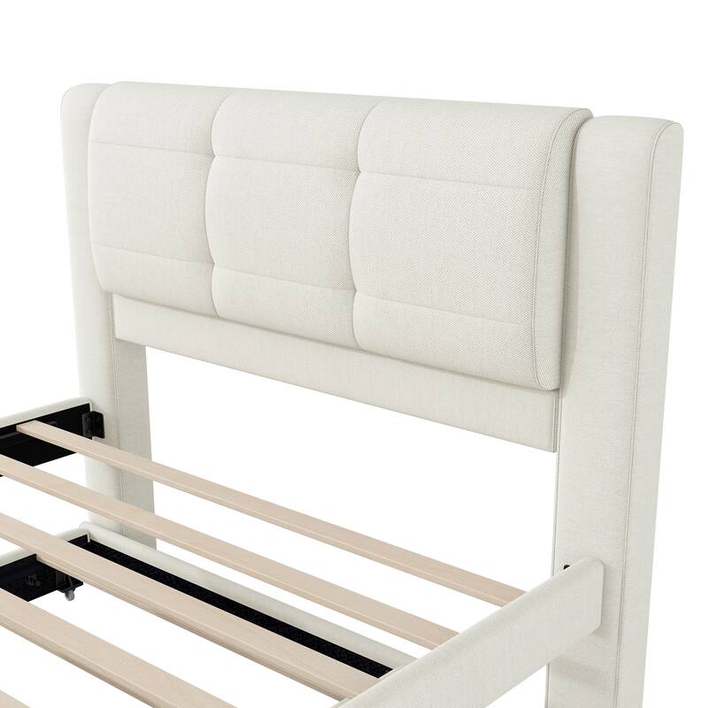 Full Size Upholstered Platform Bed with Adjustable Trundle, Beige