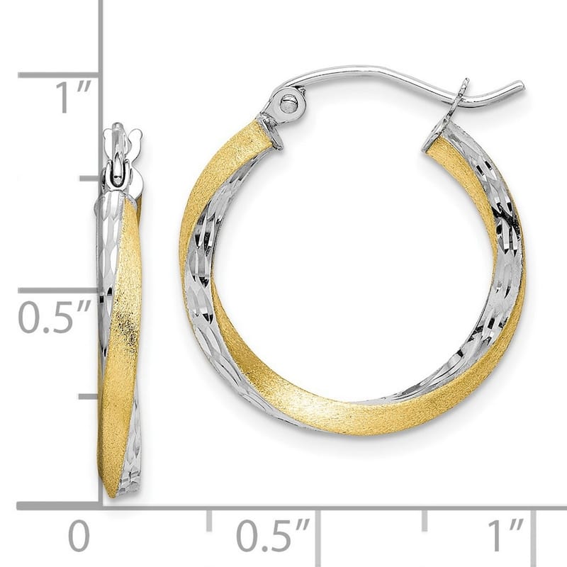 Curata 10k Yellow Gold and Rhodium Sparkle Cut 2.5x21.16mm Twisted Hoop Earrings