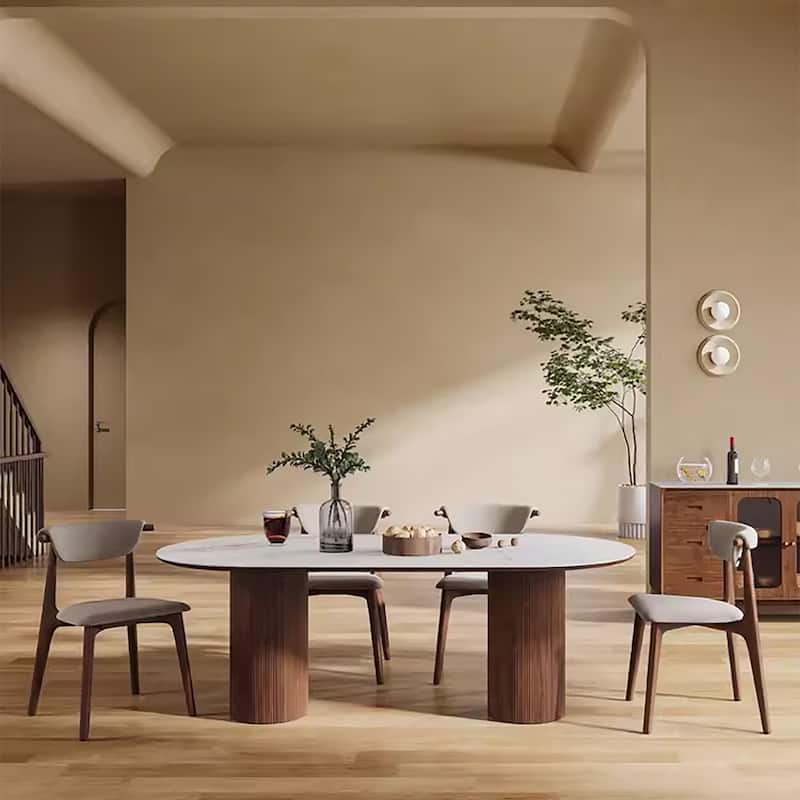 71" Modern Rectangular Dining Table with Stone Table-top, Wood Legs - Brown