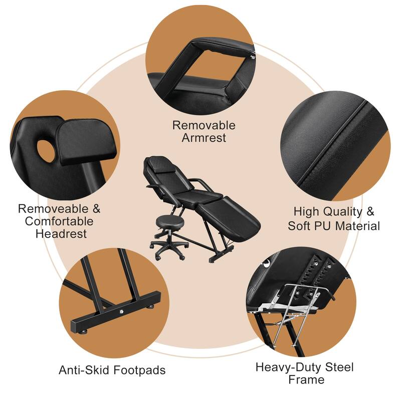 73" Adjustable Beauty Salon Spa Massage Bed Tattoo Chair with stool Black
