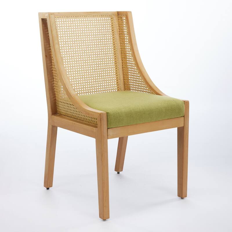 Country Style Rattan Dining Chair with Decorative Arms and Linen Upholstered Seat, for Kitchen, Dining Room, Olive Green