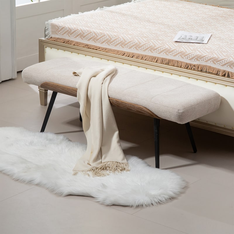Bevin Beige Washed Woven Fabric Bench with White Washed Wood Accents and Black Iron Legs