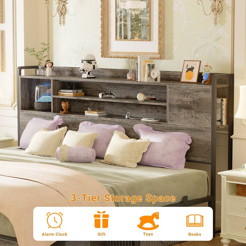 Platform Bed Frame with Reversible Storage Bookcase Headboard and Charging Station and RGB LED Lights