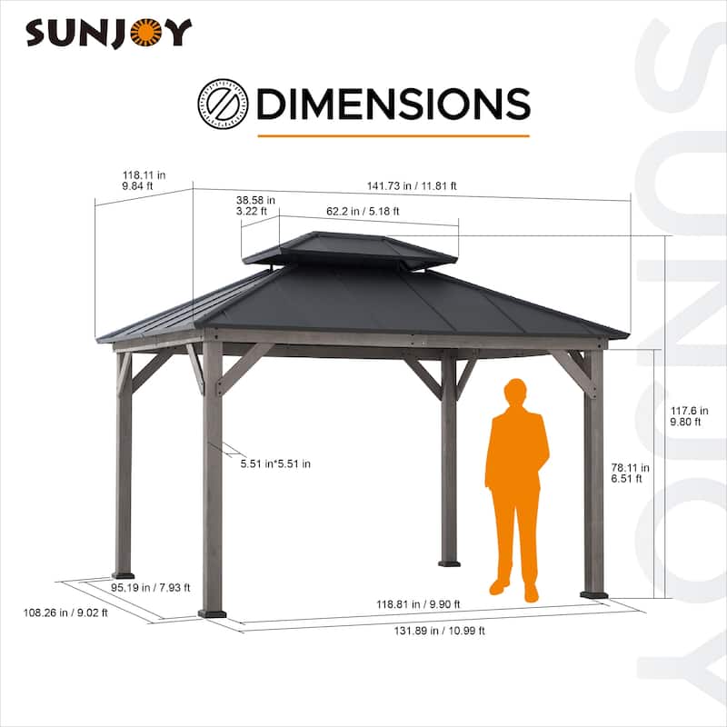 Sunjoy Outdoor Cedar Wood Frame Patio Gazebo Steel Hardtop