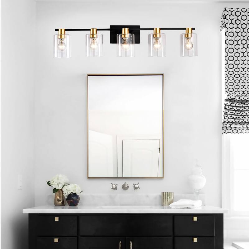 5-Light Matte Black Modern Vanity Lights with Glass Shade, Vintage Light Fixture Bathroom for Kitchen Dining Room
