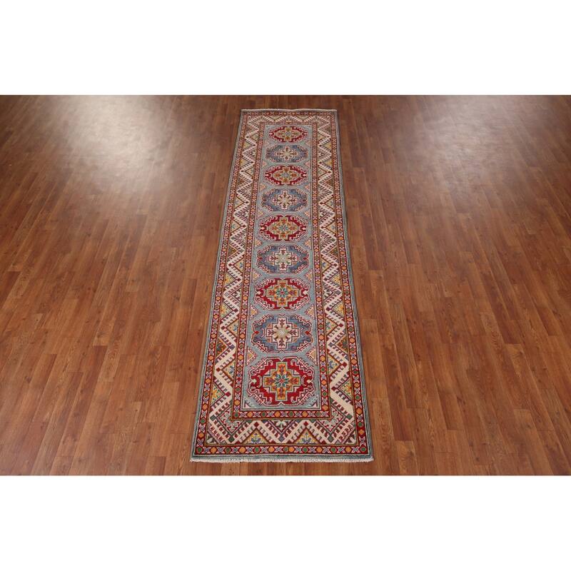 Geometric Kazak Oriental Runner Rug Hallway Hand-Knotted Wool Carpet - 2'8" x 9'4"