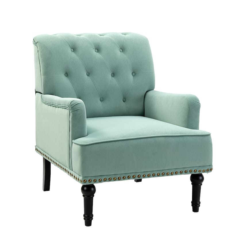 Geltrude Transitional Upholstered Button Tufted Club Chair with turned wooden Legs by HULALA HOME