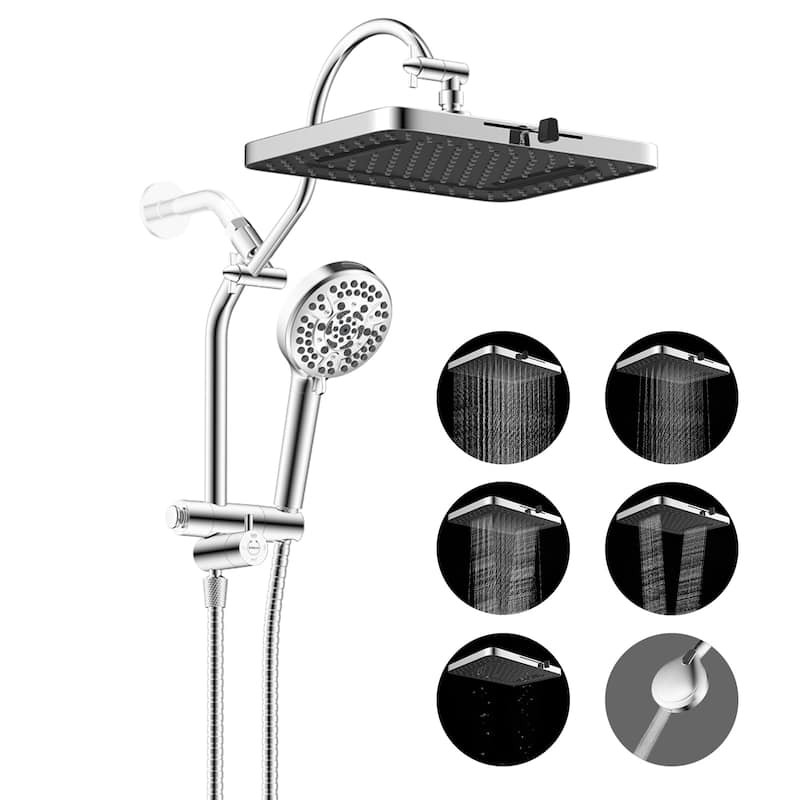 4-way Dual Shower Heads w/5-Spray Rain Shower&10-setting Hand Shower