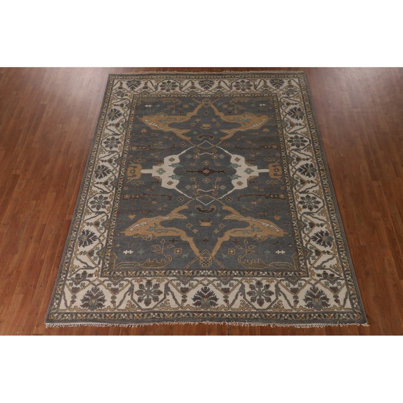 Gray Oushak Indian Area Rug Hand-Knotted Wool Carpet - 8'1"x 9'9"