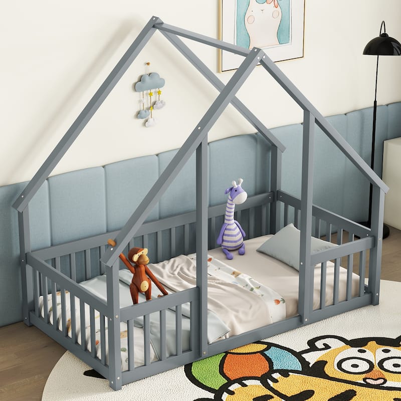 Twin Size Grey Wooden House-Shaped Floor Bed with Safety Fence and Guardrails