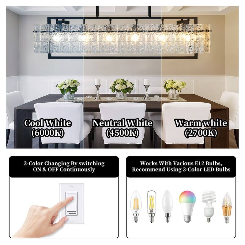 6 lights Rectangle Black Crystal Chandeliers for Dining Room, 39" Large Linear Water Ripple Glass Island Light Fixture