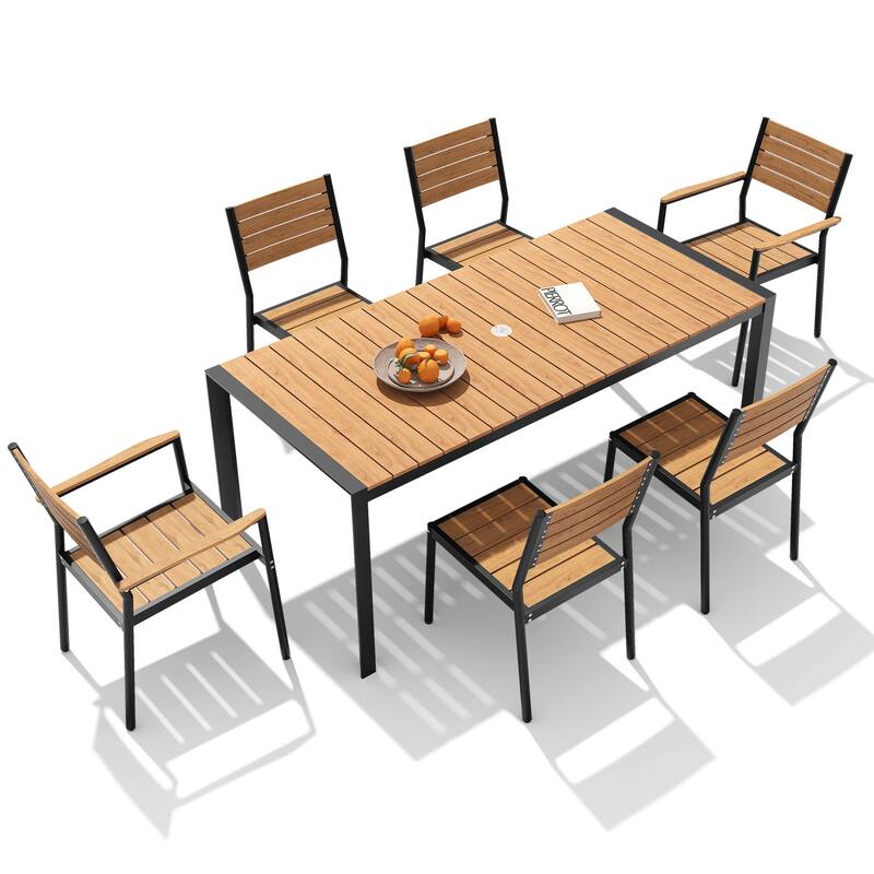 9-PCOutdoor Patio Dining Set WoodLike Table Top Aluminum Rectangular Umbrella Hole Table with Stackable Armrest Dining Chairs