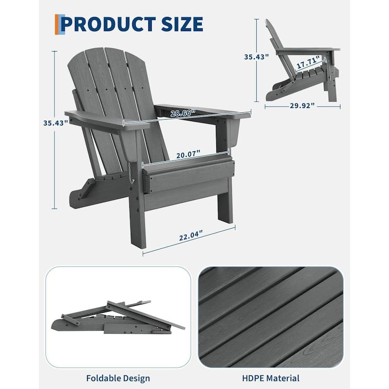 Outdoor Folding Adirondack Chairs, All-Weather Firepit Chair for Patio, Garden, Deck & Lawn - N/A