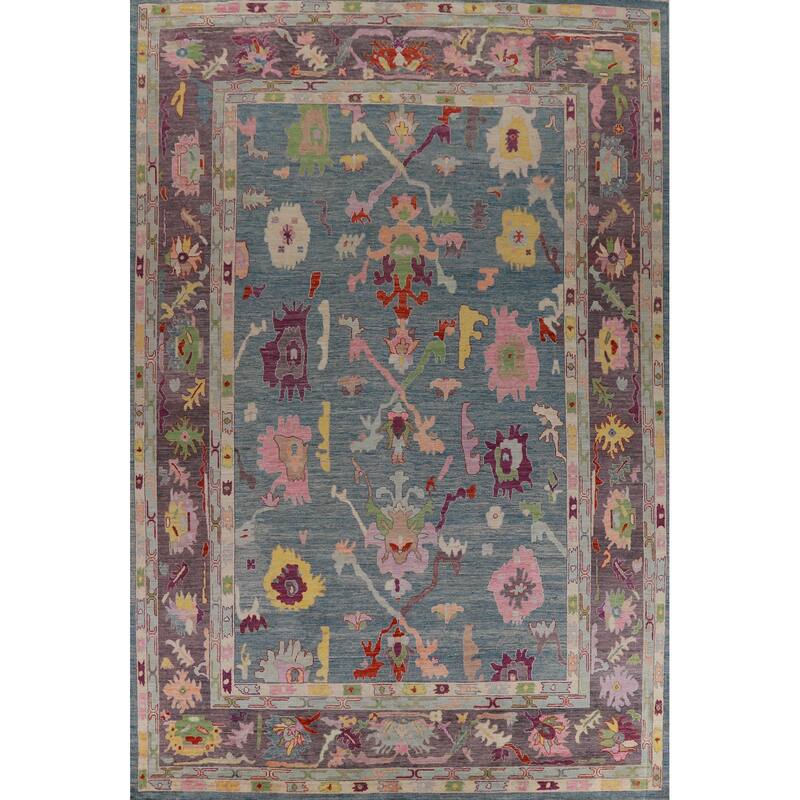 Hand Knotted Oriental 100% Wool Carpet Transitional All-Over Navy Blue & Blues Oushak Area Rug - 14' 1'' X 10' 3''