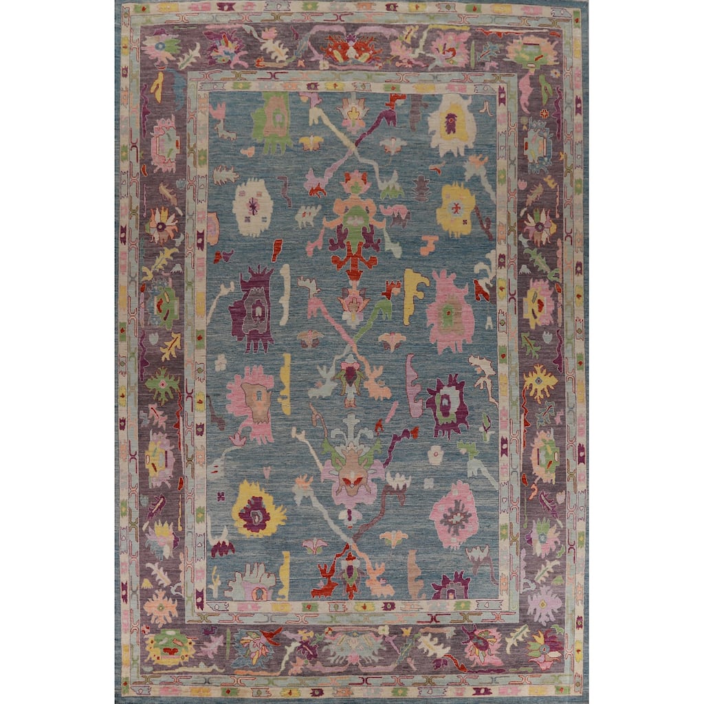 Hand Knotted Oriental 100% Wool Carpet Transitional All-Over Navy Blue & Blues Oushak Area Rug - 14' 1'' X 10' 3''