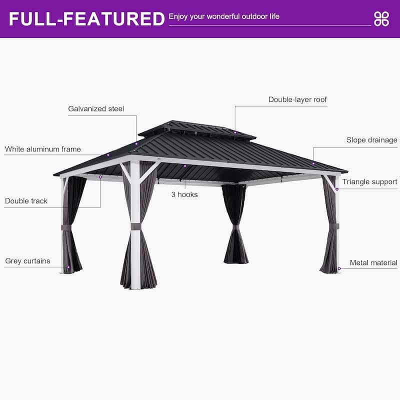 PURPLE LEAF Patio Hardtop Gazebo for Outdoor Grey Galvanized Steel Double Roof White Aluminum Poles