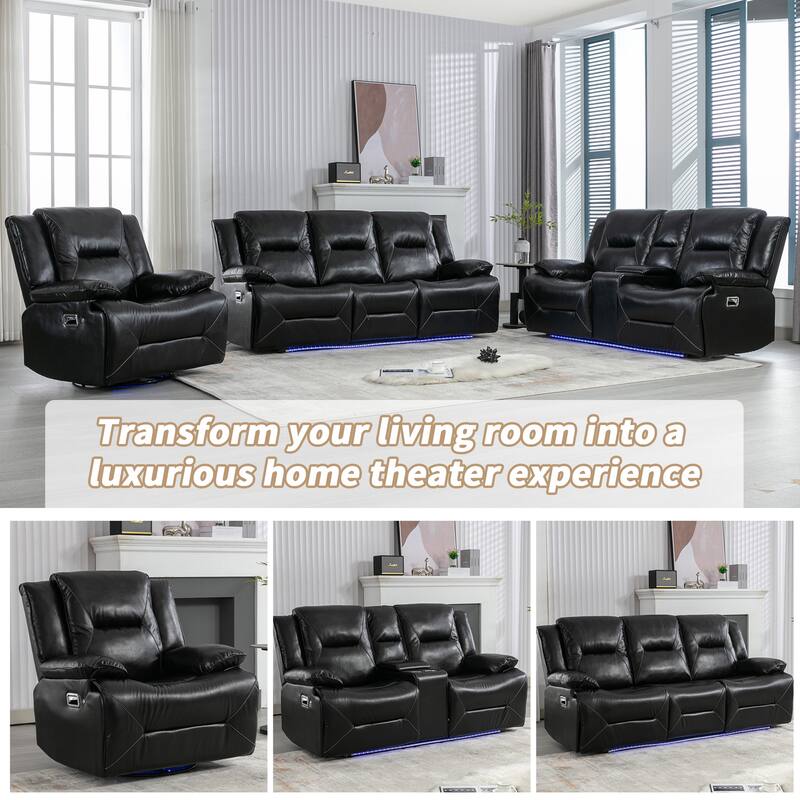 360° Swivel and Rocking Home Theater Recliner Manual Recliner Chair with a LED Light Strip for Living Room,Bedroom, Black