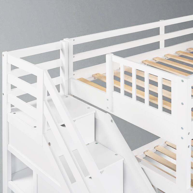 Twin Over Full L-Shaped Bunk Bed with Staircase, Storage Drawers and Shelves, Wood Frame for Kids or Teens