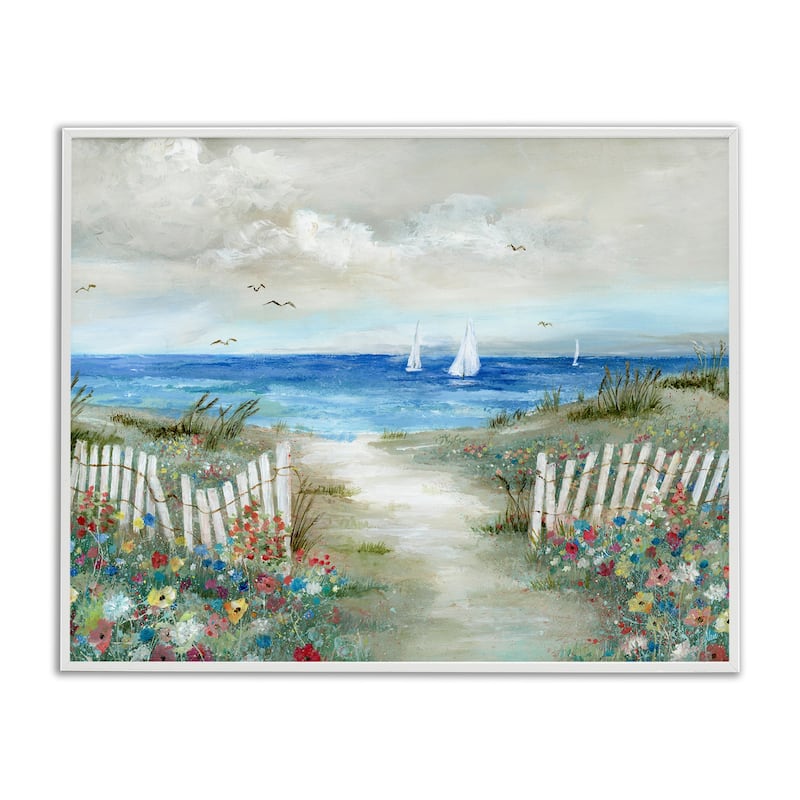 Stupell Gorgeous Beach Scene Poppies Blooming White Fence Ocean Framed Wall Art - Blue - 20 x 16 - White