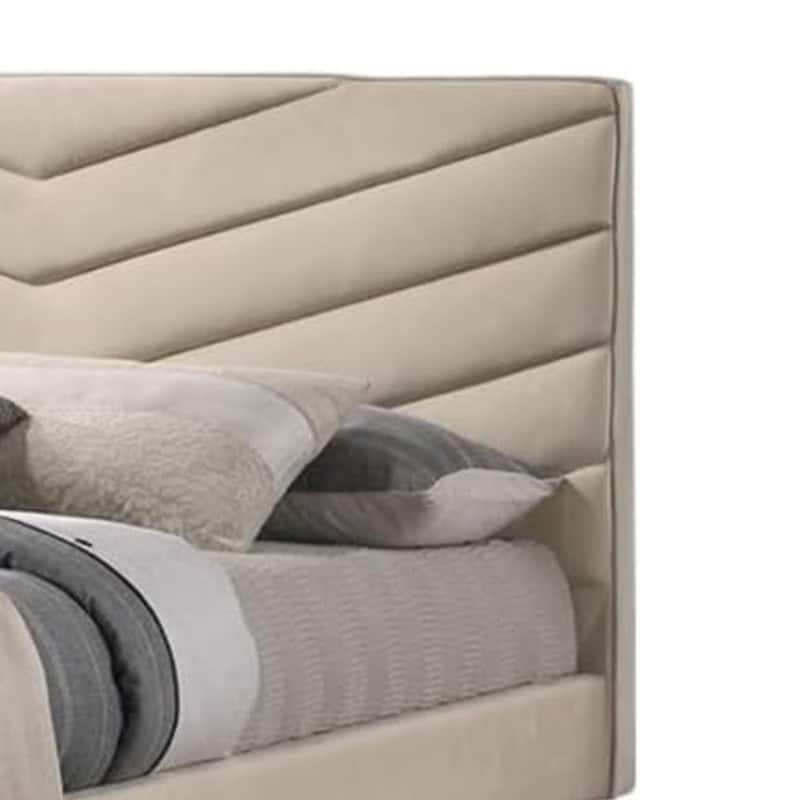 Vevy King Size Bed, Chevron Tufted Beige Flannelette Upholstery