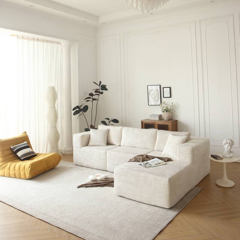 Mid-Century Modern L Shaped 3-Seat Beige Sectional Sofa for Living Room