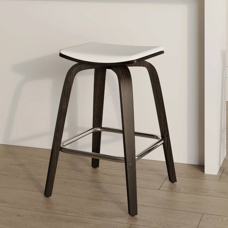 Pelya Leather Swivel Square Counter Stool with Wood Legs and Chrome Footrest for Kitchen Island or Dining Area Set of 2