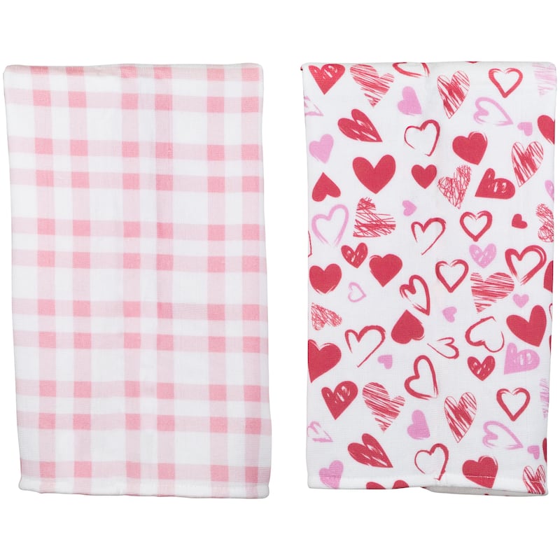 Plaid Hearts Valentine'S Day Kitchen Tea Towels 26" Pink Red Set of 2