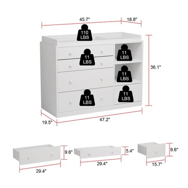47" Wide 5-Drawer Dresser and Changing Table for Nursery, Modern Kids' Bedroom Chest of Drawers - 47.2"W