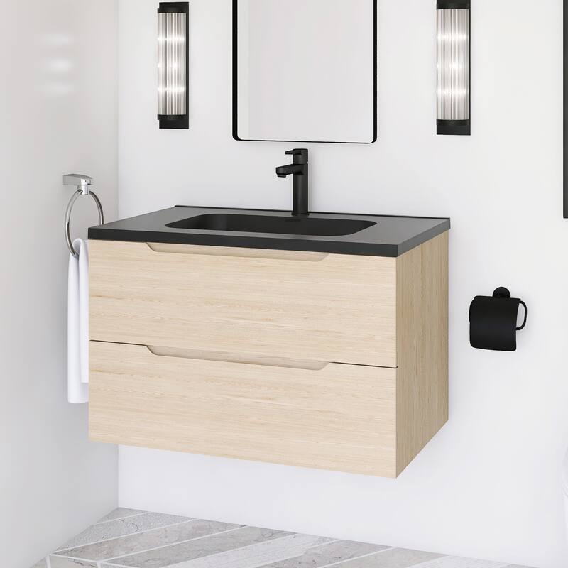 Floating Bathroom Vanity in Evita Oak with Integrated Quartz Sand Top