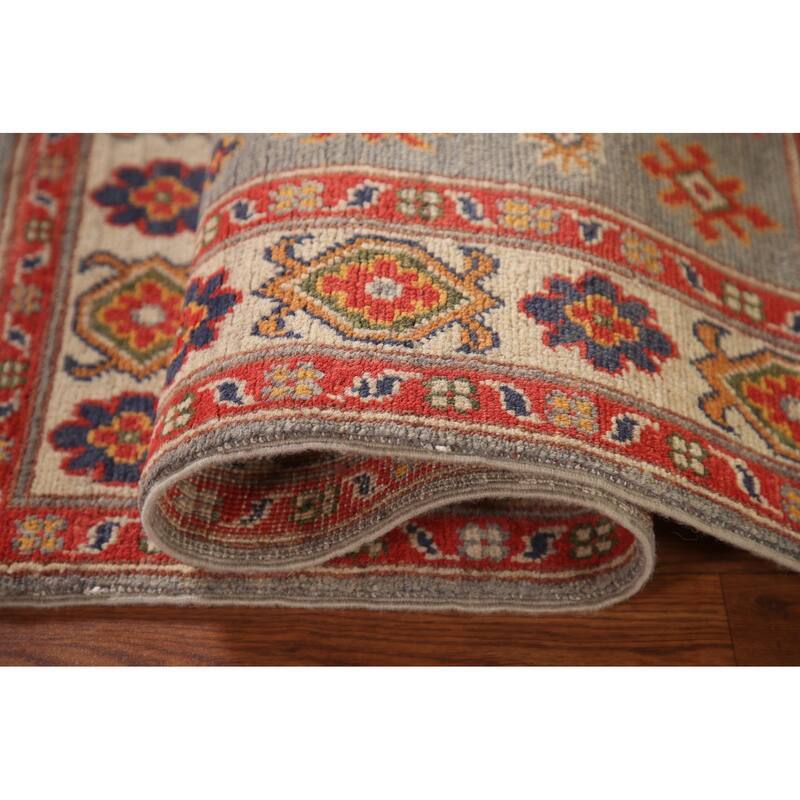 Geometric Kazak Accent Rug Hand-Knotted Grey Wool Carpet - 2'8"x 4'2"