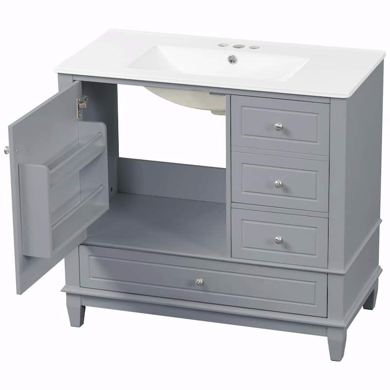 36" Bathroom Vanity with Ceramic Sink, MDF & Solid Wood Base, 3 Drawers and Cabinet with Shelves