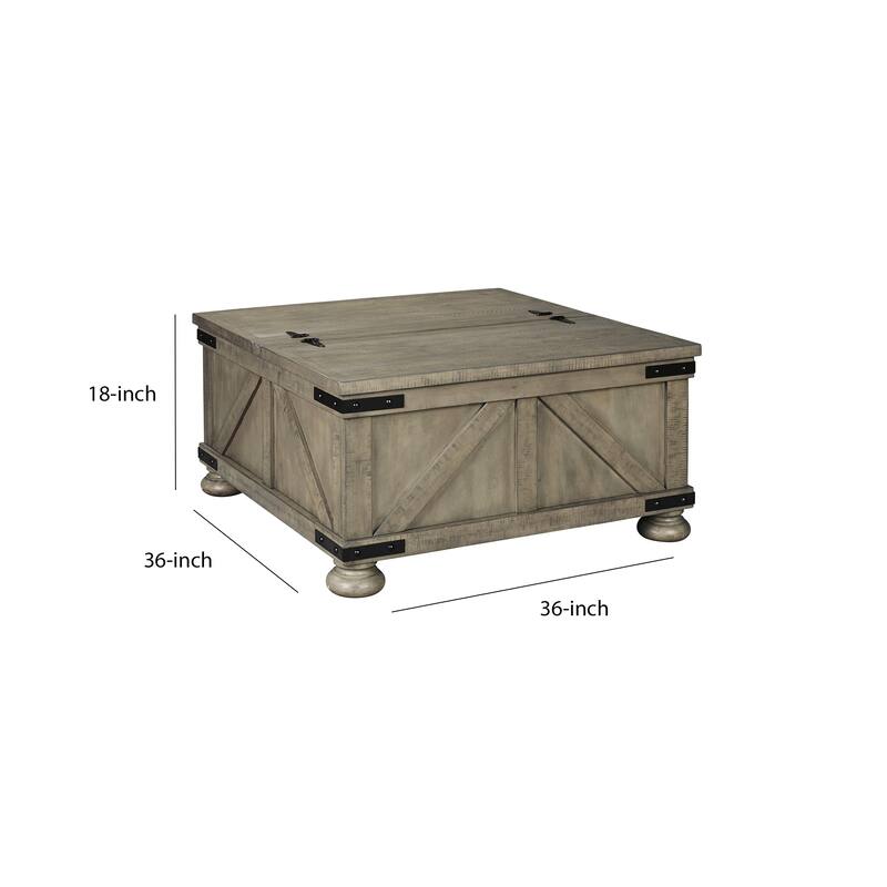 Farmhouse Cocktail Table with Lift Top Storage and Crossbuck details, Gray