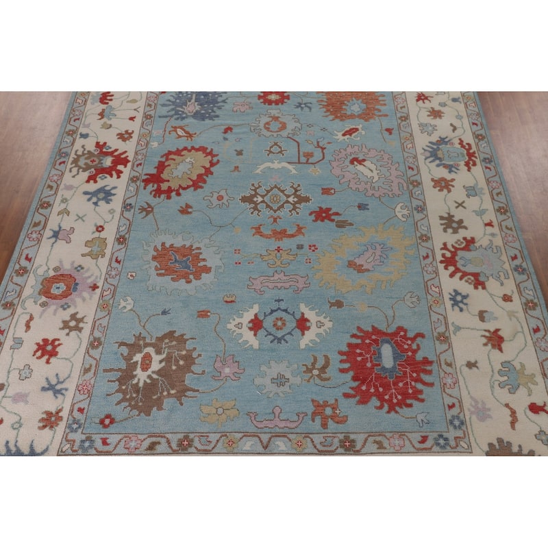 Light Blue Floral Oushak Oriental Large Rug Hand-Knotted Wool Carpet - 10'1" x 13'9"