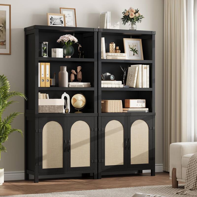 Farmhouse Bookshelves and Bookshelves with Door, 70" High Bookshelves with Three Levels of Open Storage - Black - 2pcs