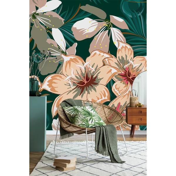 Dark Green Wallpaper with Beige Flowers Peel and Stick and Prepasted ...