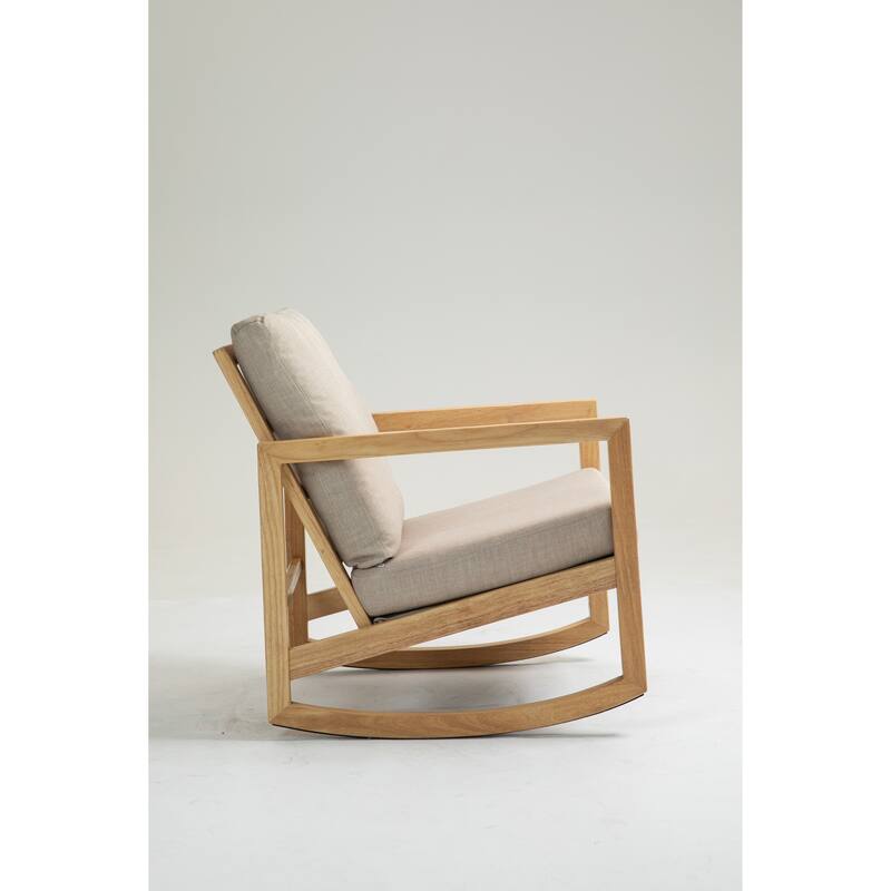 Comfortable Upholstered Glider Chair with Natural Rubberwood Frame and Khaki Finish