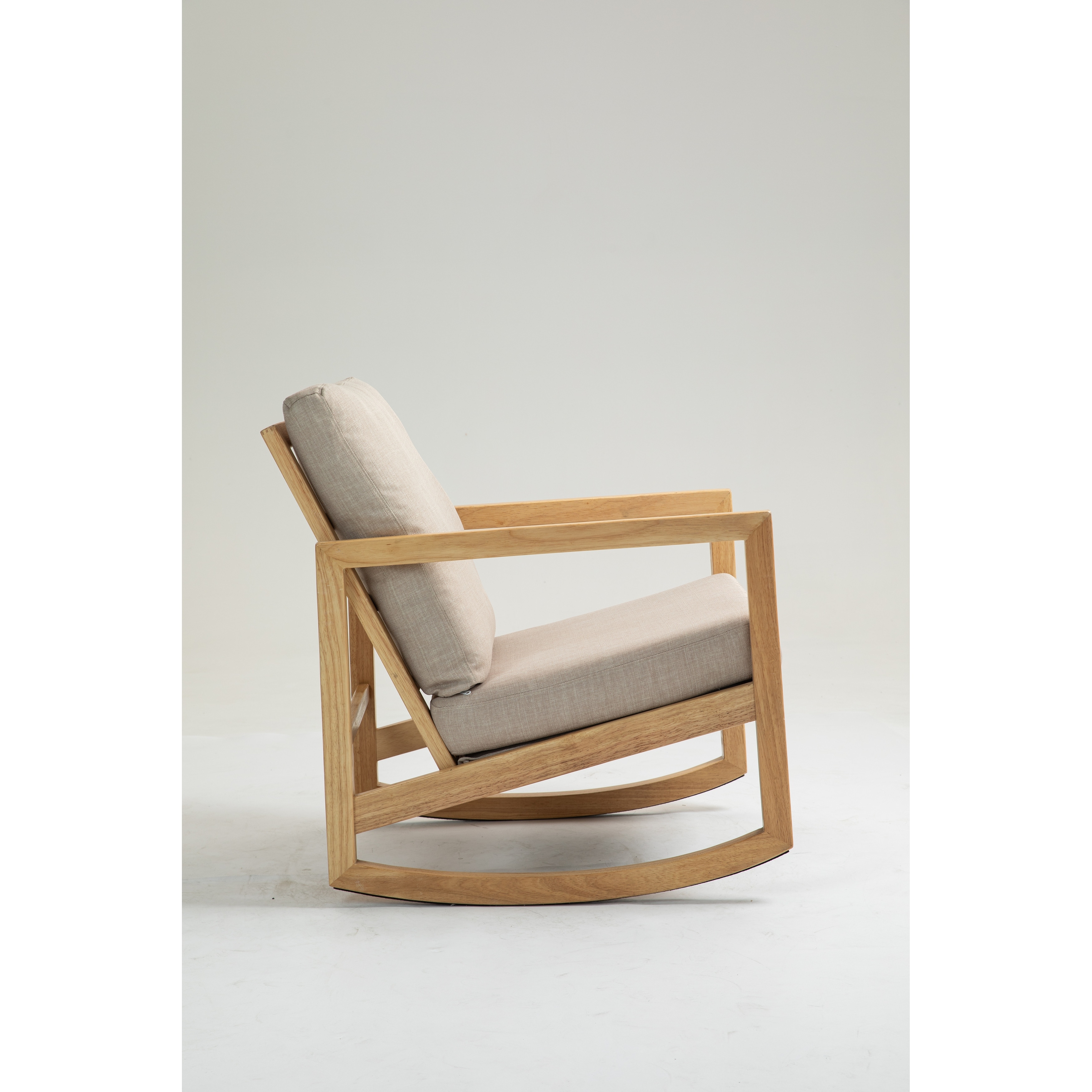 Modern Glider Rocking Chair, Natural Rubberwood Frame, Khaki