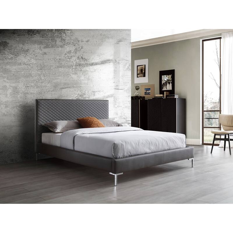 Elegant Full Bed - Dark Gray Upholstered Platform Bed with Chrome Legs - Modern Bedroom Furniture