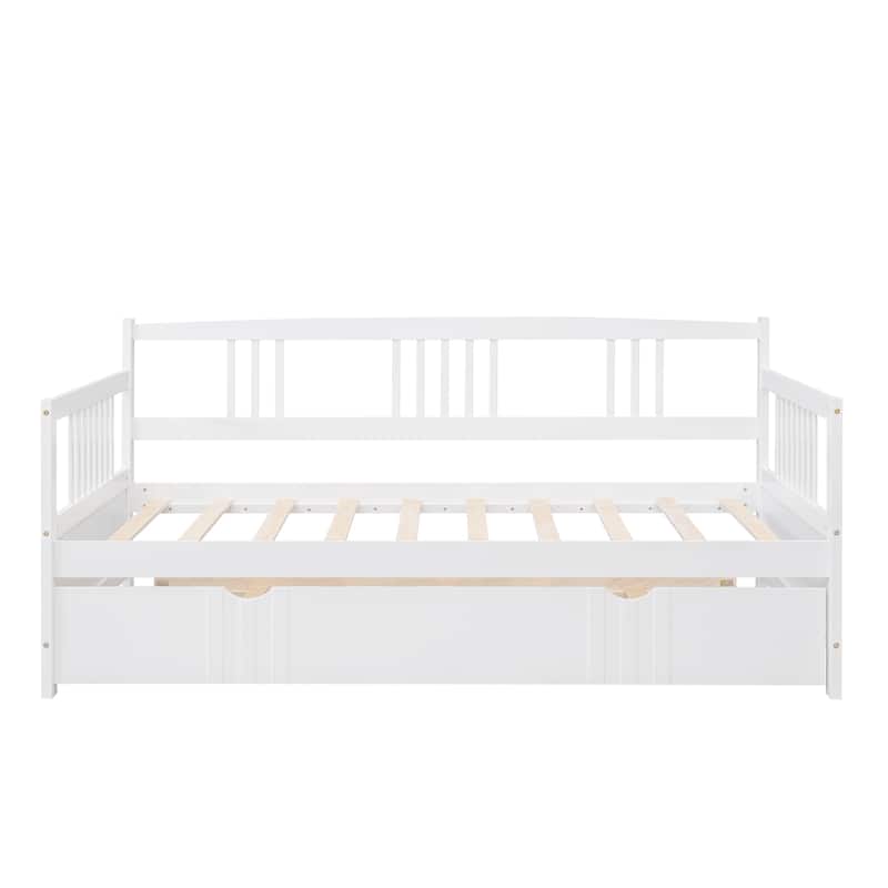 Twin Size Daybed Wood Bed with Twin Size Trundle, White