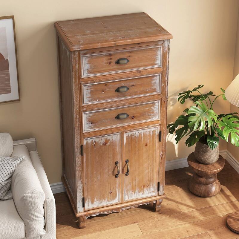 Rustic 50.79" Tall Wooden Accent Cabinet with Decorative Door and 3 Drawers
